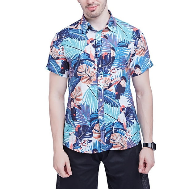HW Mens Cotton Blend Flower Casual Button Down Short Sleeve Hawaiian Shirt,B,XL 